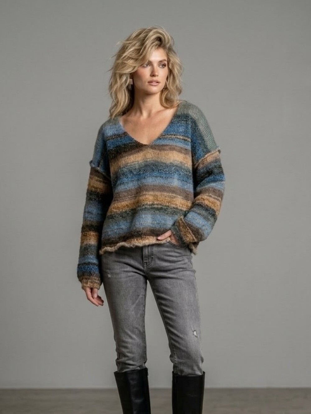 Cozy Earth-Toned Oversized Knit V-Neck Sweater